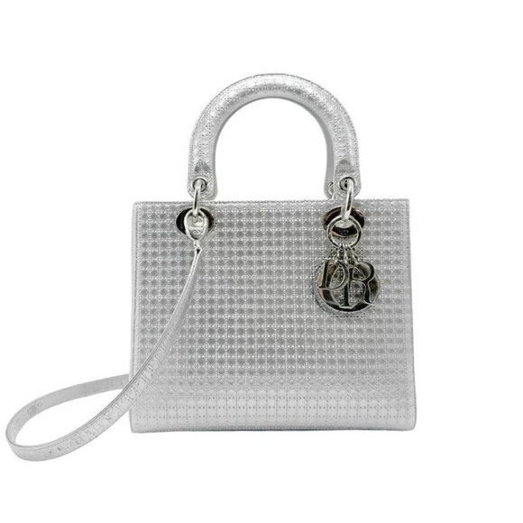 Auth Christian Dior Lady Dior Handbag Shoulder Bag Silver Coated Leather - Picture 1 of 15